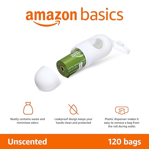 Image of Amazon Basics Dog Poop Bags, 120 Count, Enhanced for Guaranteed Leakproof, Unscented, Green