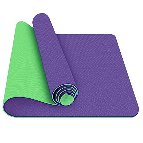 Image of IRIS TPE Fitness Non Slip Double Sided Mat for Hot Yoga Pilate Gymnastics (72 inch x 24 inches x 6 mm, Green and Purple)