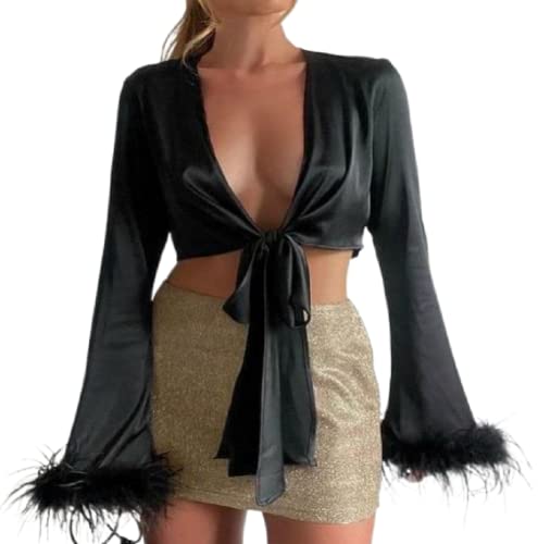 Damen Vintage Satin Cropped Long Sleeve Shirt Sexy Federbesatz Flare Sleeve Manschetten Revers Bluse Tops E-Girl Streetwear (Black, Small) Cover