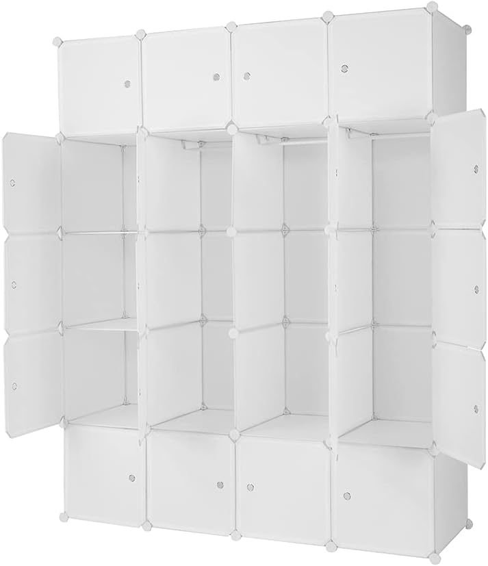 20 Cube Organizer Stackable Plastic Cube Storage Shelves Design Multifunctional Modular Closet Cabinet with Hanging Rod White