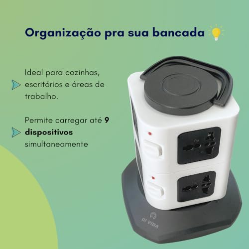 Torre de Tomada Elétrica com 7 Entradas Universais, 2 Portas USB, Bivolt, Cabo de 1,8m Padrão Brasil