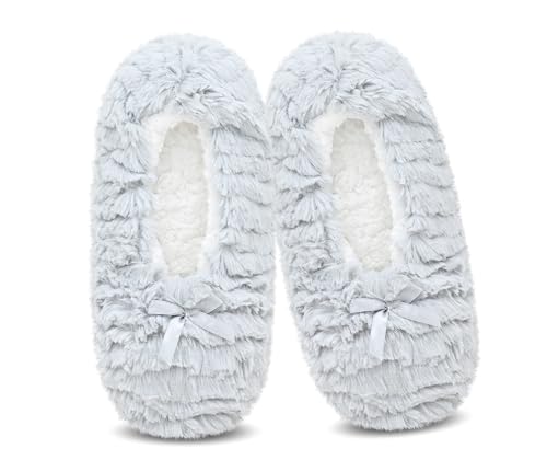 Image of DICUIRD Womens Cozy&Warm Soft Sole Slipper Socks with Grippers-Girls Teddy Fleece Indoor Slipper with Non-skid Bottoms