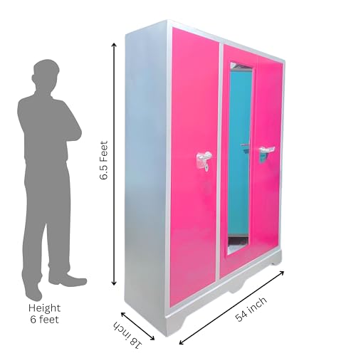 Image of Steel Almirah 3 Door Wardrobe with Mirror-3 Years Warranty | Modern Metal Cupboard berow for Bedroom | Clothes Storage Organizer with 2 Drawers & 2 Hanging Space (Pink, 54 X 18 X 78)