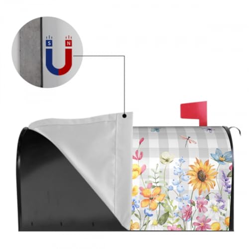 Image of Spring Flower Mailbox Cover Magnetic Standard Size, 21 inchx18 inch Watercolor Summer Floral Wildflower Mailbox Wrap Post Cover with Grey Buffalo Plaids for Yard Garden Outside Lawn Decor