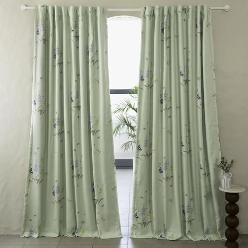 Image of Tranquebar Curtain Co. 100% Blackout Curtains, Complete Darkening Lining (Polyester), Green Butterfly & Floral Print, Cotton Blackout Curtains 5 Feet for Window, BackTabs, Titli (152 cm) - Set of 2