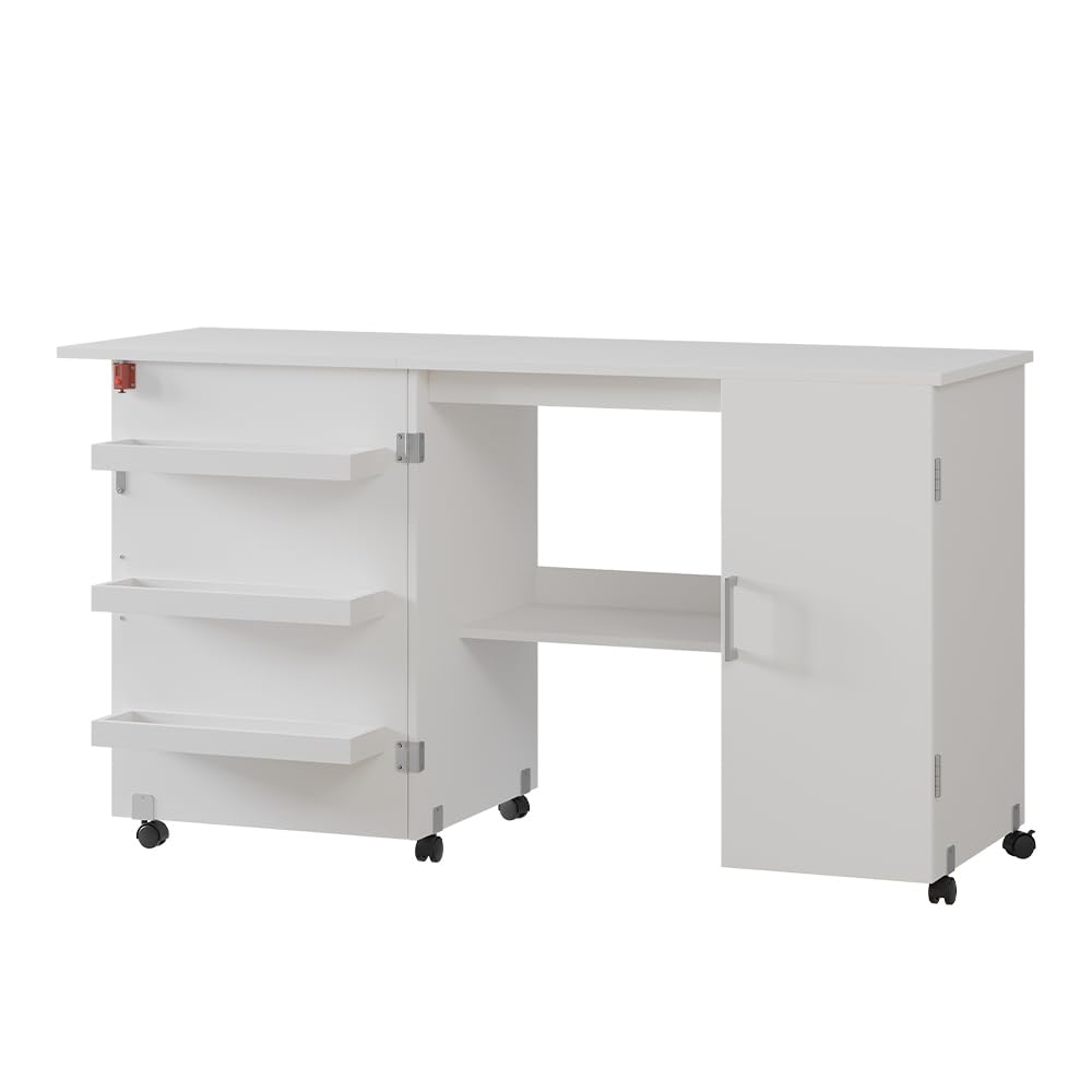 Vicco Nähtisch Carmen, Weiß, 148 x 75 cm mit 3 Regalfächer und Schrank, klappbar auf Rollen zur flexiblen Nutzung als Arbeitstisch