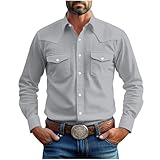 Western Cowboy Shirts for Men Pearl Snap Button Down Cotton Work T-Shirt Men's Casual Shirt Jacket with Two Pockets Gray