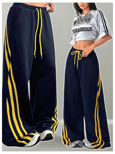Women's Striped Baggy Track Pant Drawstring Waist Wide Leg Sweatpants Casual Trousers Streetwear4