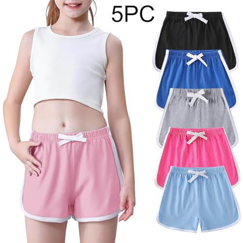 Girls Summer Cotton Dophin Shorts 5-Pack Comfy Elastic Waist Loose Colorblock Boys Running Shorts for Toddler 1-11 Years2