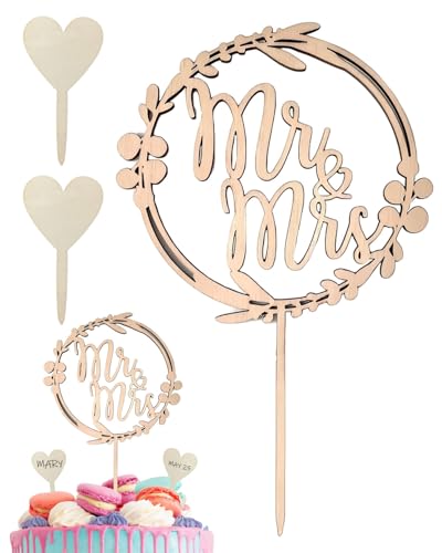 JUKOTA Decoración para Tartas de Boda, 3pcs Toppers de Novios, Adorno Madera Mr Mrs Corazón para Cupcakes Pastel Despedida de Soltera Boda de Oro