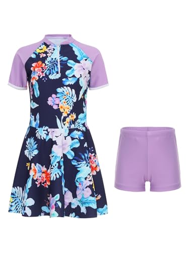 Kids Girls Rash Guard Swimsuit Striped/Floral Short Sleeve Swim Dress with Bottoms Beach Bathing Suit