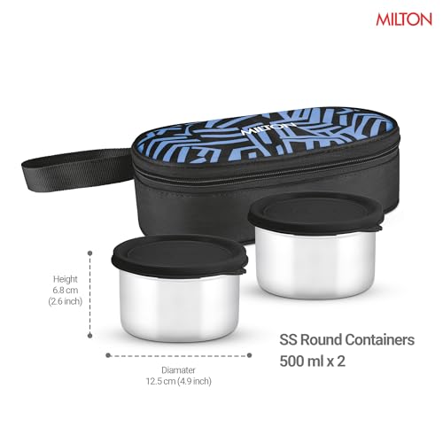 Image of MILTON Plato Pack Big Stainless Steel Lunch Box (2 X 500 ml containers) with Jacket | Leak Proof, Food Grade I Lightweight, Odour Proof | 1 Year Warranty I Ideal for Office, School, Travel, Black