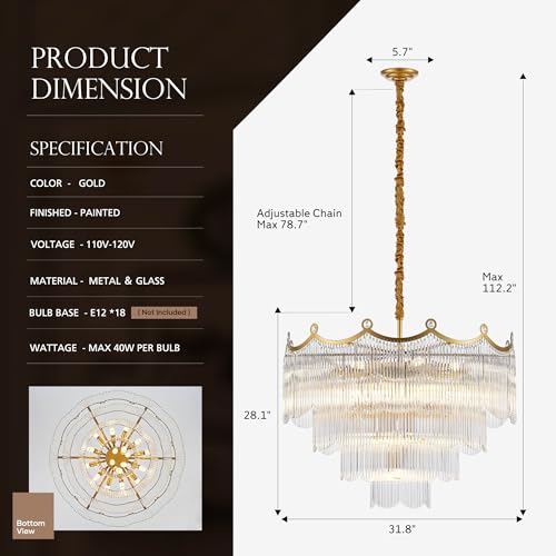 brfaixla 31.8" Large Modern Glass Gold Chandelier Light Fixture Luxury Glam 4-Tier Crystal Chandeliers for Dining Room 18-Light Round Hanging Ceiling Pendant Lighting for Living Room Bedroom Foyer — view 2