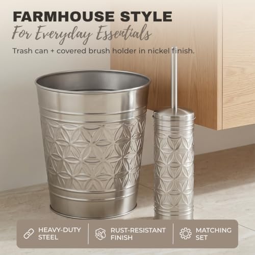 Image of Autumn Alley Brushed Nickel Bathroom Trash Can and Toilet Brush Set - 2-Piece Silver Metal Bathroom Accessories Set, Modern Farmhouse & Transitional Bathroom Decor