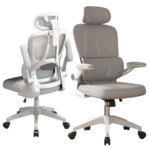 Ergonomic Office Chair High Back Home Desk Chairs with Headrest 90Flip-Up Arms 90-125 Tilt Lock and Wide Cushion Comfortable Lumbar Support Swivel Task Chair for Home Office Study Play(Grey)