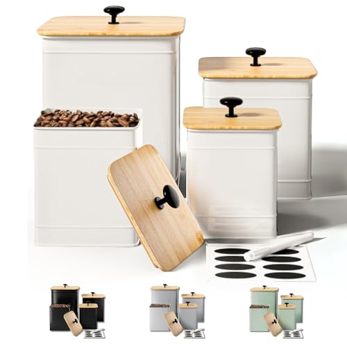 Comparison: Best Canister Sets For Kitchen 4 Kitchen Canisters for Countertop Set of 4 with Customizable Chalkboard Labels & Marker Pen - Big Iron Kitchen Canisters with Airtight Lids - Canisters Sets for the Kitchen - White Kitchen Canister Set