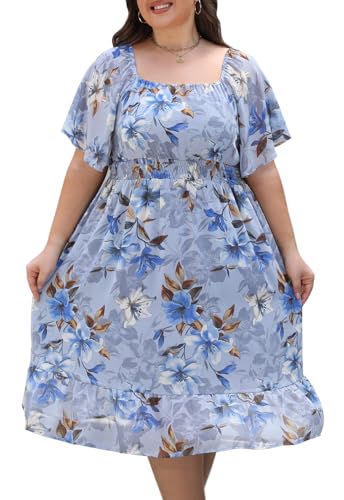 Image of Plus Size Chiffon Floral Dresses for Curvy Women Casual Summer A-Line Wedding Guest Party Dress with Smocked Waist