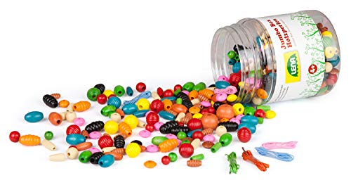 Lena Bastelset, Jumbo Box Holzfädelperlen, bunte Holzperlen zum Auffädeln mit Fädelschnüren, bunt sortiert, ideal zum Basteln von Armbändern & Ketten, geeignet für Kinder ab 4 Jahren
