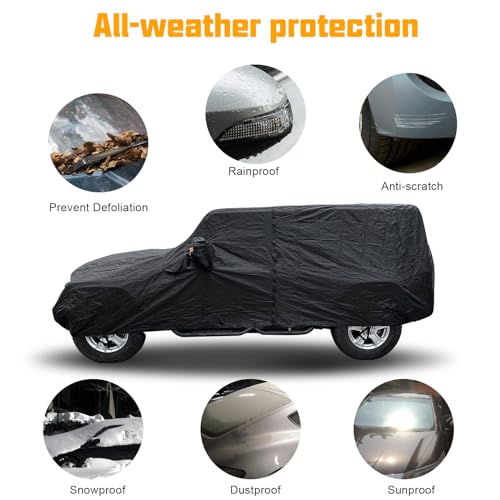 Image of Winunite Waterproof Car Cover Compatible with Jeep Wrangler 4XE CJ YJ TJ JK JKU JLU JL Unlimited 4 Door 1965-2023 Custom-fit Covers for Snow Rain Dust Hail Protection with Zipper Door, Black