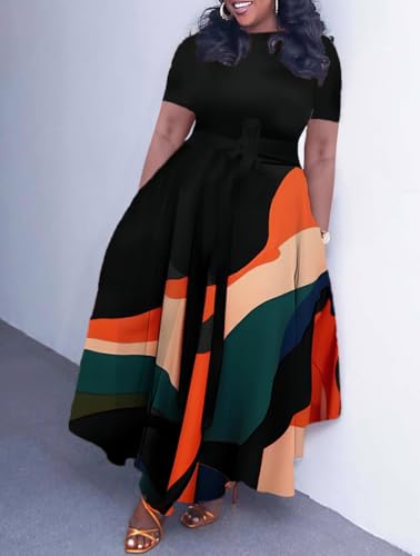 Image of Hostoyo Women Plus Size Formal A Line Maxi Dress Self Tie Waist with Pockets Elegant Round Neck Swing Long Dresses
