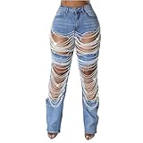 KELYWELL Womens Rhinestone Cut Out Jeans Straight Leg High Waisted Ripped Pearl Beaded Jeans Chain Boyfried Denim Pants (Blue Pearl,Medium)