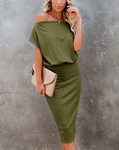 Image of EZBELLE Women's Summer Dress Off The Shoulder Short Sleeve Ribbed Casual Party Bodycon Midi Dresses