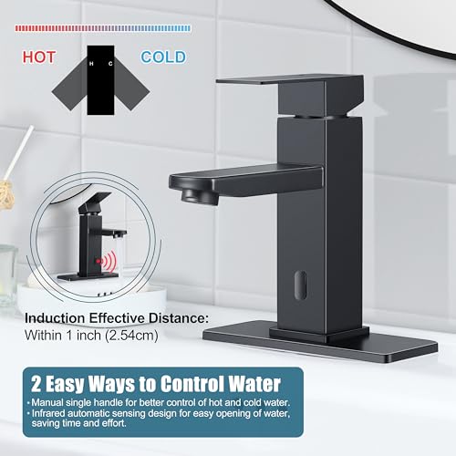 Homikit Touchless Bathroom Sink Faucet With Pop Up Drain & Deck Plate, Stainless Steel Automatic Motion Sensor Bathroom Faucets, Sensor Vanity Rv Lavatory Faucet With Single Handle, Matte Black thumb #3
