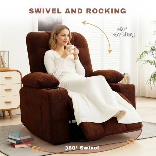 Image of Swivel Rocker Recliner Chair, Recliner Single Sofa with Massage, Manual Nursery Rocking Chair with Side Pockets & Cup Holder, Modern Recliner with Heating for Living Room, Apartment(Brown)