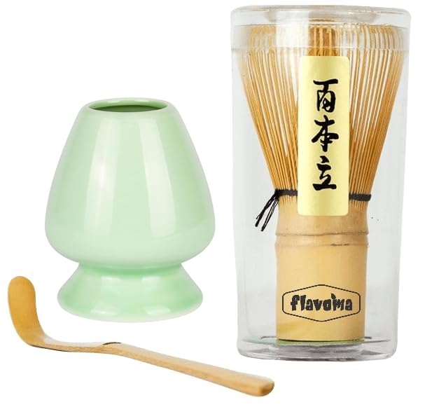 Image of Flavoma (Sets of 3) Japanese Handmade Bamboo Matcha Whisk (Match Brush Japanese Style) + Traditional Scoop (Chashaku) + Ceramic Tea Whisk Holder, Prepare a Traditional Cup of Matcha