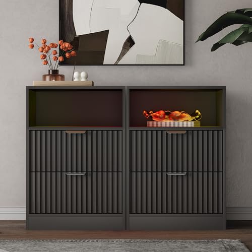 Image of Wodeer Fluted Nightstand Set of 2, LED Nightstand with Charging Station, Wood Nightstands with 2 Drawers & Metal Handles, Modern Bedside Table & End Tables, Farmhouse Night Stands for Bedroom, Black