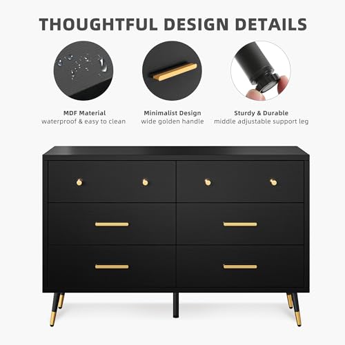 DWVO 6 Drawer Dresser, 47.2" Wide Black Wooden Drawers Storage Dresser with Golden Metal Handle & Anti-Tipping Device, Modern Double Chest of Drawers for Bedroom,Hallway, Entryway, Living Room
