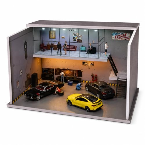 Diorama 1/64 American Garage Model, 3-Color LED 2 Tier Repair Shop Display