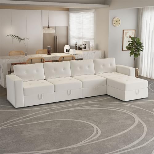 Image of QHITTY L Shaped Sectional Modular Sofa, 5 Seater Accent Couch with Hidden Extra Large Storage Space for Living Room, Beige White