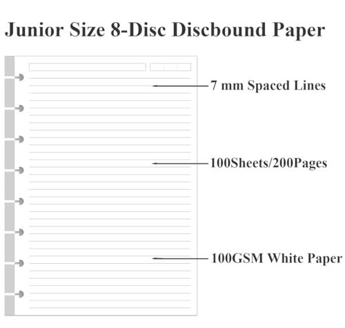 Recargas de papel forradas tamanho júnior – 100 folhas/200 páginas, refil de papel de 8 discos, 5 fo