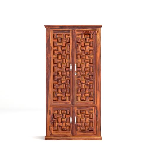 Image of Niwar Solid Sheesham Wood Wardrobe for Bedroom Modular Wooden Wardrobe Space Saving with 2 Door & 2 Drawer /Storage Rack Clothes Almirah Cupboard for Bedroom (Honey Finish)