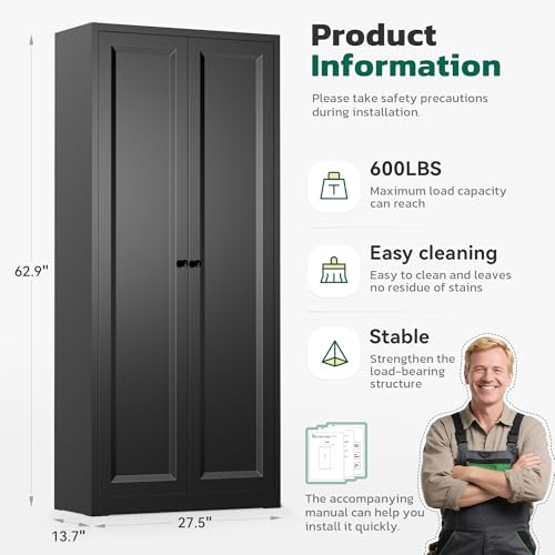 Image of Greenvelly Metal Storage Cabinet, 63 inch H Black Metal Storage Cabinet with Doors and 4 Shelves, Lockable Steel Cabinets for Living Room, Office, School (Black - Modern)