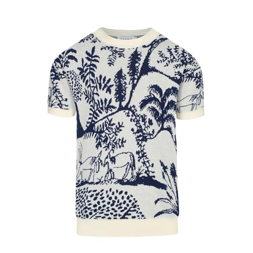 Men's Beige Knitted T-Shirt Short Sleeve, 1960s Mod Style Plant Pattern Crewneck Tops