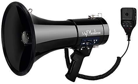 MyMealivos Megaphone with Siren Bullhorn 50 Watt Bullhorn Speaker with Detachable Microphone, Portable Lightweight Strap & 3.5mm Aux Input