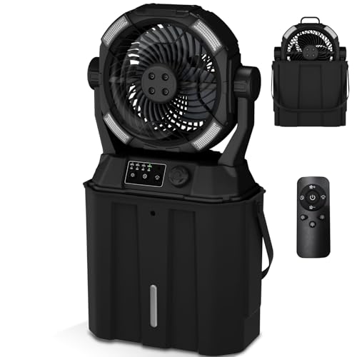 Wilody Portable Misting Fan Rechargeable with Remote Control, 6L Bucket Camping Fan with LED Lights & Stepless Speed Control & Cooling Mist, Portable Handle & Rotate Hook, Timer Function(Jet Black)