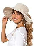 Regilt Womens Wide Brim Cotton Linen Sun Hat UPF 50+ Packable Adjustable Travel Beach Sun Hats with Ponytail Hole (US, Alpha, One Size, Standard, Beige)