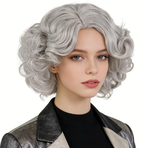 Grey Wigs for Women Vintage Short Curly Wig with Bangs Retro Hairstyles 40s