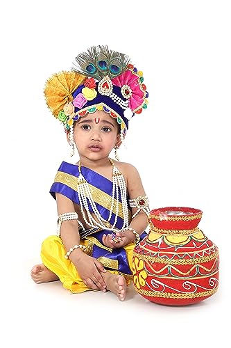 Image of Krishna Dress for Kids, Baby Krishna Dress for Janmashtami with Krishna Mukut, Peacock Feather & Flute Embroidered Krishna Costume for Girl & Boy, 3 Months-8 Years