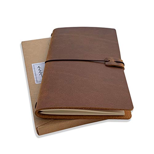 Refillable Leather Travelers Notebook - Standard Size Travel Journal with Lined Insert, 8.5 x 4.5 Inches, Brown
