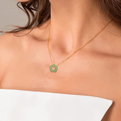 Moonffay Womens Dainty Natural Green Jade Crystal Stone Necklace, Star Donut Gemstone Choker Flower Pendant With 16 Inches Stainless Steel Chain, Gift For Mother（Light #TOP1