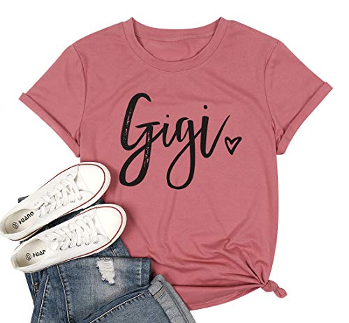 Gigi Shirts for Grandma Women Gigi Heart Graphic Tshirts Tops Letter Printed Short Sleeve Mimi Tees Shirt (Pink, M)