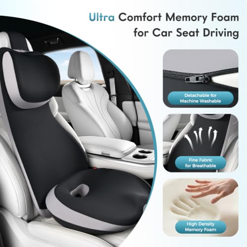 Image of FLORICH Memory Foam Car Seat Cushion with 2-in-1 Integrated Ergonomic Lumbar Support Headrest Pillow, Breathable Widened Back Support & Adjustable Neck Pillow for Driving Sciatica Tailbone Pain Relief