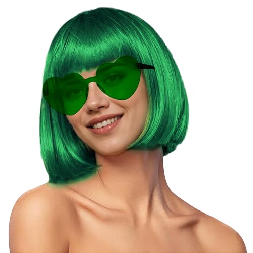 Image of LIULIUBTY Short Bob Hair Wigs Straight with Flat Bangs Synthetic Colorful Cosplay Daily Party Neon Wig for Women with Wig Cap 12 inch Natural As Real (Bob,Green)