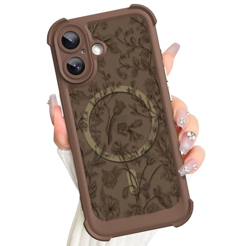 Coque iPhone 17 Magsafe marron avec motif floral et film de protection écran