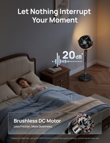 Image of DREO Smart Fan for Bedroom, 150+120 Omni-directional Oscillating, Quiet 20dB Fan, 100ft Air Circulator Pedestal Fan with DC Motor, 12 Speeds, 6 Modes, 37-42 inch Height, Wi-Fi /Voice /Alexa，RGB LED