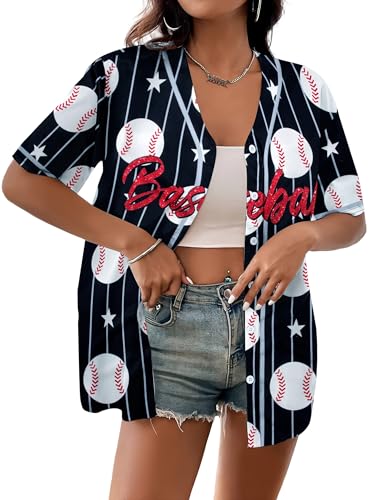 Image of Baseball Shirt Women Baseball Jersey Graphic Button Down Shirt Game Day Short Sleeve Tops